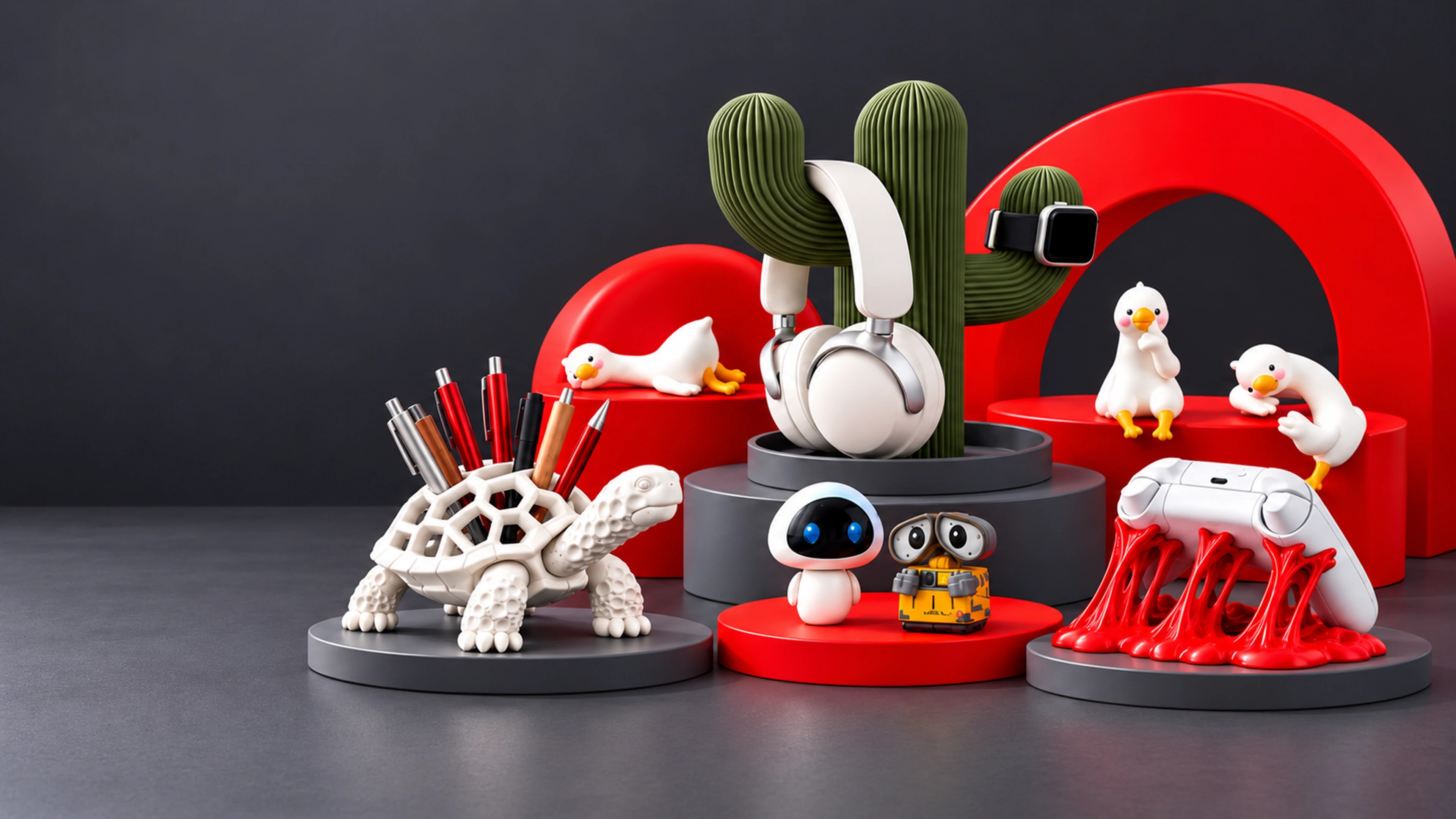 3D-printed desk accessories displayed on red and gray pedestals — turtle pen holder, cactus headphone stand, Wall-E and Eve figures, goose clips and slime controller stand